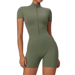 Custom Breathable Half Zip Gym Sports Active Wear Plain Short Sleeve One Piece Yoga Jumpsuit for Fitness Athletic Workout