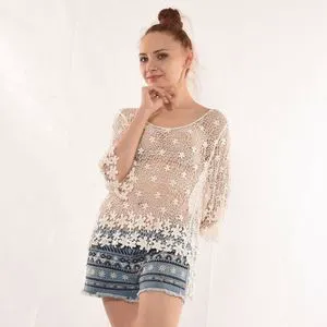 OEM Plus Size Ladies Bikini Cover-Up Sexy Beachwear Cotton Crochet Blouse Tops Solid Style Casual for Summer