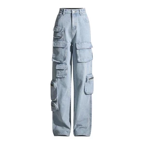 Women Jeans Slim Fit Custom Jeans 2023 High Waist Women's Denim Jeans Pants Mid Waist Cargo Multi Pockets Zipper Pockets