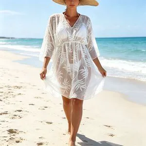 White Embroidered Sheer Beach Cover-Up - Sexy Tie-Back Sun Protection Cardigan, Swimsuit Outerwear for Summer Vacation