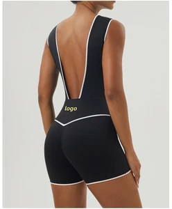 High Quality Sport Jumpsuits White Line Trim Contrasting v Neck Backless Gym Sexy Yoga Running Fitness Workout Wear Clothes