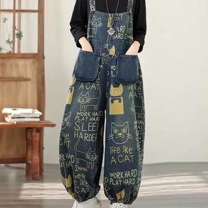 Vintage Loose Harem Casual Dad Bib Overalls Women's Boot Cut Denim Mid Waist Summer Button Asymmetrical Jumpsuit