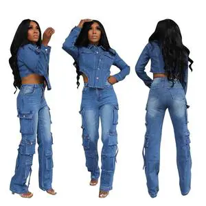 Top Selling Products New Casual Suit Stretch Multi-pocket Washed Denim Set for Women