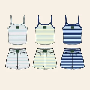Custom Women 2 Piece Shorts Set Above Knee Square Collar Skinny Casual Cotton Stripe