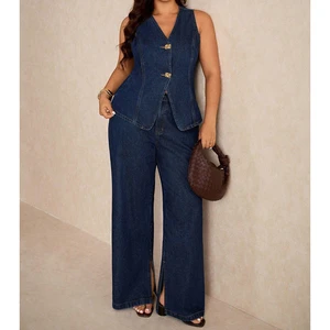 Women's Plus Size Casual Dark Blue Denim Two-Piece Set Gold Button Sleeveless Vest Suit High Waist Wide Leg Pants Old Money