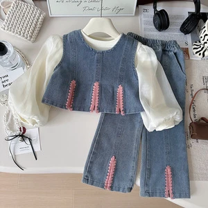 Girls' Spring 2026 New Style Stylish Fashionable Solid Color Recycled Fiber Children's Base Shirt Denim Wide-leg Pants Set