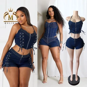New Arrivals Women's Denim Sets Zipper Patchwork Crop Top Stretch Shorts Bandage 2 Piece Set Y2K Jeans Denim Two Piece Set Women