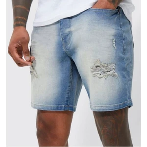 High Quality Men Summer Casual Denim Jean Shorts Breathable Quick Dry Elastic Waist Loose Fit Distressed Washed Ripped OEM
