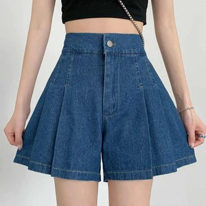 Custom Women's Plus Size Mid Rise Denim Shorts Pleated Wide Leg Elastic Waist 100% Cotton