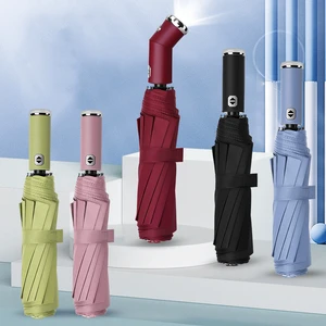Wholesale Custom Logo Smart Umbrella With LED Flashlight Automatic 3 Folding Umbrella Black Coating Sunshade Rainproof Umbrella