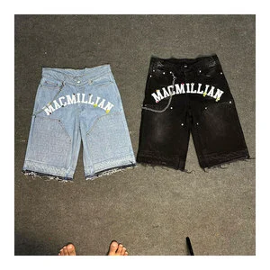 Custom Embroidered Streetwear Hip Hop Destroyed Wash Baggy High Waist Summer Men's Denim Shorts Breathable Quick Dry