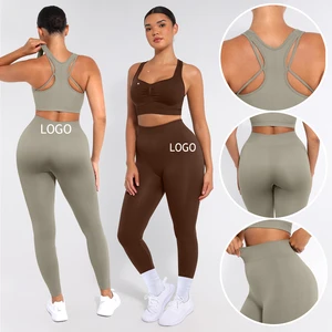 Vractivewholesale Ruched Solid Bra Lightweight Seamless Yoga Set Women High Waist Gym Leggings Sports Top Underwear