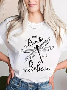 Women's Plus Size Regular Fit Short Sleeve O-Neck Letter Print Summer Graphic T-Shirt Casual Soft Breathable Stretchy