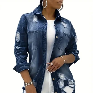 Women's Fashionable Distressed Denim Jacket and Coat New Style with Button Decoration for Autumn Season