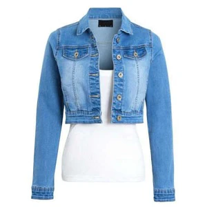 Women's Blue Cropped Denim Jacket with Long Sleeves 2 Front Pockets Cotton Filled Breathable-Finished Ladies Jeans Jacket