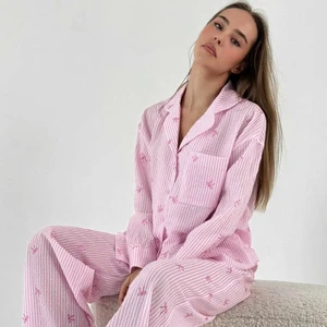 Factory Wholesale Women's Home Casual Two-Piece Suit Comfortable High Quality Striped Shirt Pants Elastic Waist Solid Thermal