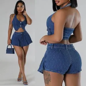 2024 Women's Denim Casual Set Stretch Denim Suit Halter Backless Single-breasted Tops Matching Shorts Y2K Streetwear 2 Piece Set