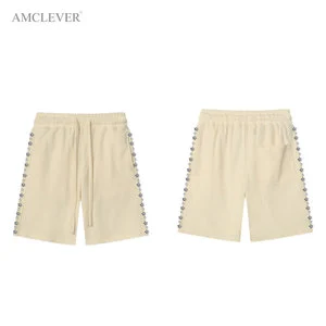 Trendy Streetwear Shorts Summer Diamond Waffle Knit Elastic Waist Premium Custom Rhinestone LOGO Breathable Lightweight Bottoms