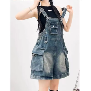 Women Vintage Denim Overall Shorts Fashion Loose Slim Wide Leg Jumpsuit Bib Overalls Bulk Wholesale Custom OEM Available