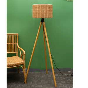 Bamboo Floor Lamp with Handmade Rattan Shade Natural Style Tripod Style for Living Room Indoor Lighting Standing Lamps