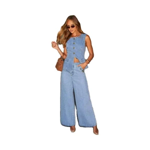 Women's Vintage Summer Formal Denim Suit with Wide Leg Vest & Button Jeans New Washed Technique