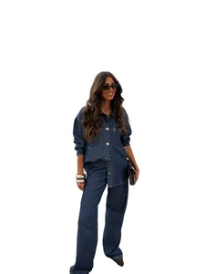 Women Denim Co Ord Set Button Down Long Sleeve Shirt High Waist Wide Leg Jeans Two Piece Matching Casual Outfit