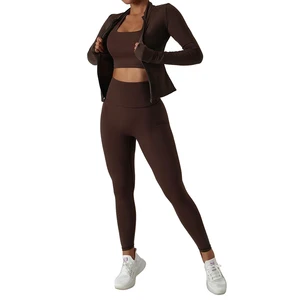 Women's Lightweight Solid Breathable Seamless Elastic Waist Quick Dry Yoga Workout Sets-High-Waisted 3-Piece Gym Fitness