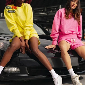 Summer Sets for Women Short Set Crewneck Sweatshirt and Drawstring Shorts Two Piece Lounge Set Casual Summer Fleece Sweatsuit