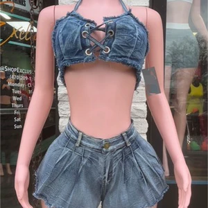 Denim Women's Suit Sexy Hollow Out Top With Pleated Short 2 Piece Set Women Denim Summer Loungewear