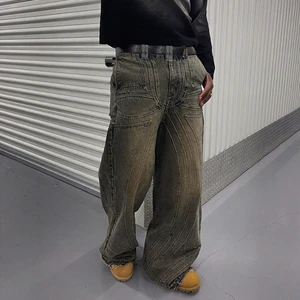 Custom Print Men's Distressed Wide Leg Denim Pants High Quality 100% Cotton Light Washed Baggy Plus Size Jeans Pant for Men