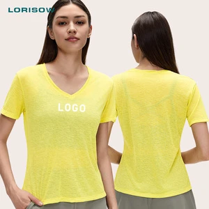 LORISOW Wholesale Yoga Wear Women's V-Neck Casual Loose Fit Solid Short-Sleeve T-Shirt Lightweight Quick-Dry Fitness Top