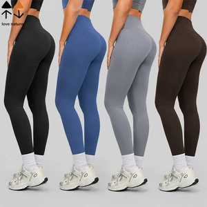Women's Naked Feel Yoga Leggings High Waist No Front Seam Back Pocket 4 Way Stretch Peach Lift Gym Fitness Pants
