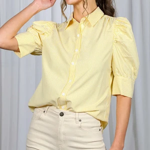 Casual Loose Design Niche Top Fashion Shirt Decoration Breathable Stripe Button-Up Puff Short Sleeves Shirt for Spring New Order