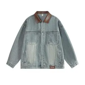 Men's Denim Jacket Leather Collar Vintage Oversized Multi Pockets Casual Streetwear Outerwear Wholesale Custom OEM