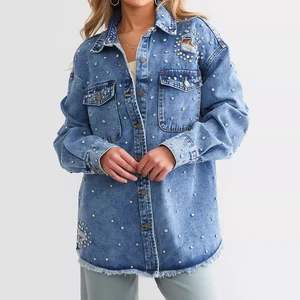 Custom Women's Washed Button Down Rhinestone Embellished Denim Jacket & Coat Loose Diamond Jean Jacket Washed Blued Denim Jacket