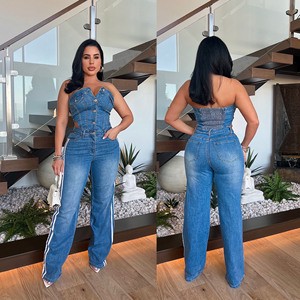 2025 Summer Stretch Denim Jumpsuit One Piece Strapless Tube Jumpsuit Women Denim Jeans Pants