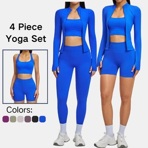 Womens Seamless Yoga Set Ribbed High Waist Leggings Shorts Sports Bra Zip Jacket Workout Fitness Gym Activewear Outfit