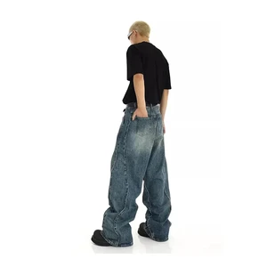 Men's Stonewashed Wide Leg Jeans Mid Waist Loose Fit Casual Denim Pants Plus Size Cotton Baggy Style