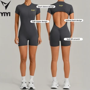 High Stretch Front Zipper Slim Fit Sports Jumpsuit Women Gym Yoga Running Workout Fitness Wear One Pieces Jumpsuit Shorts