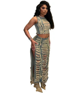European and American Women's Denim Suit.women's Fashion Trend.personalized Handmade Worn-out Vest.slit Denim Skirt