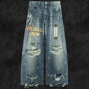 Heavyweight 450gsm Rhinestone Distressed Embroidery Men's Pants & Trousers For Men With Custom Graphic Print Baggy Denim Jeans