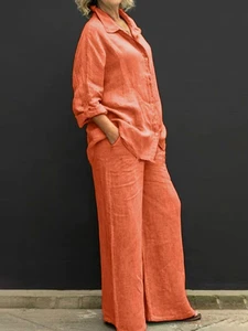 New Wholesale Women's Dress Spring Summer Casual Urban Plus Size Suit Two Piece Set Pleated Solid Pattern Shirt Pants Clothes
