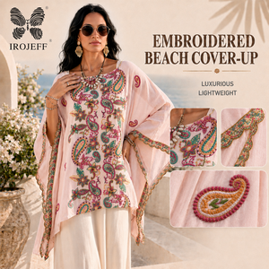 Luxurious Handmade Embroidered Beach Cover Up Kaftan Paisley Floral Pattern Wide Sleeve Scalloped Trim Premium Women