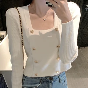 Wholesale Women Knitwear Square Neck Long Sleeve Double-breasted Button Lady Girls Slim Knitting Pullover Tops Casual Sweater