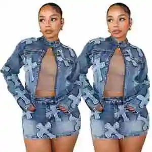 Spring New Denim Skirt Suit Denim Embroidery Skirt Jacket Suit