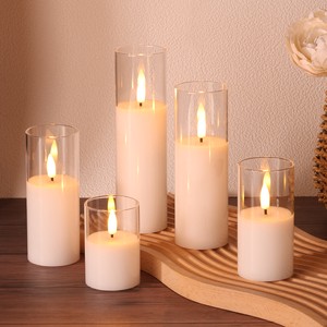 Matti's Set Of 5 Home Decoration Pillar White Glass Warm Light Remote Flickering Led Candle