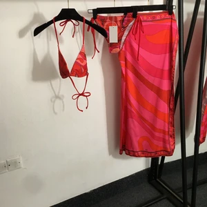 Women's New Bikini Two-Piece Swimsuit Three-Piece Set, Tie-Up Bra + Thong + Color-Block Printed Hip-Hugging Slit Skirt