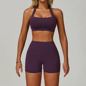 Four-Way Stretch Seamless Fitness Yoga Set Sexy Cross Back Sport Bra & Scrunch Butt Shorts Active Wear Gym Suit For Ladies