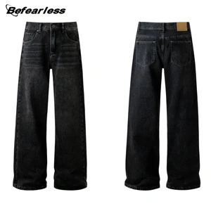 High Quality Men's Black Straight Denim Jeans Long Pants Washed Vintage Style Loose Straight-Leg Men's Casual Jeans Trousers