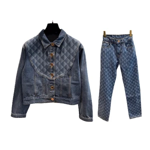 Women's Breathable Embroidery Diamond Quilted Denim Jacket Jeans Set Blue Spring Vacation Style Distressed Wash Two-Piece Short